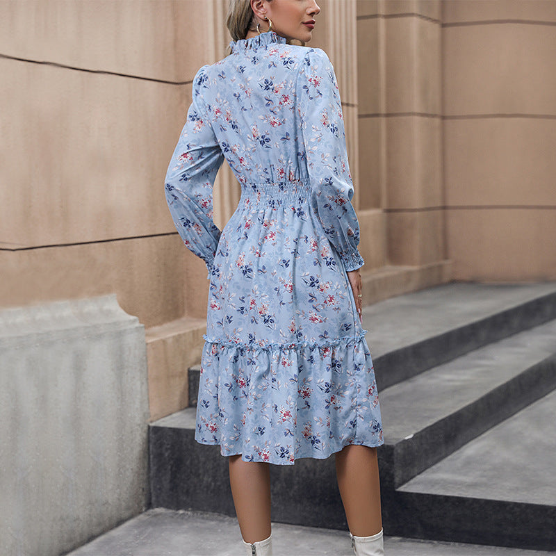 Blue Floral Printed Mandarin Collar Smocked Fit And Flare Dress