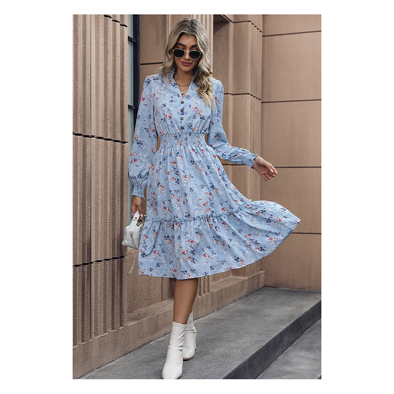 Blue Floral Printed Mandarin Collar Smocked Fit And Flare Dress