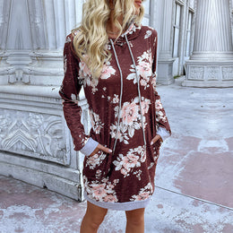 Rust Floral Printed Hooded Neck Long Sleeve T-shirt Dress