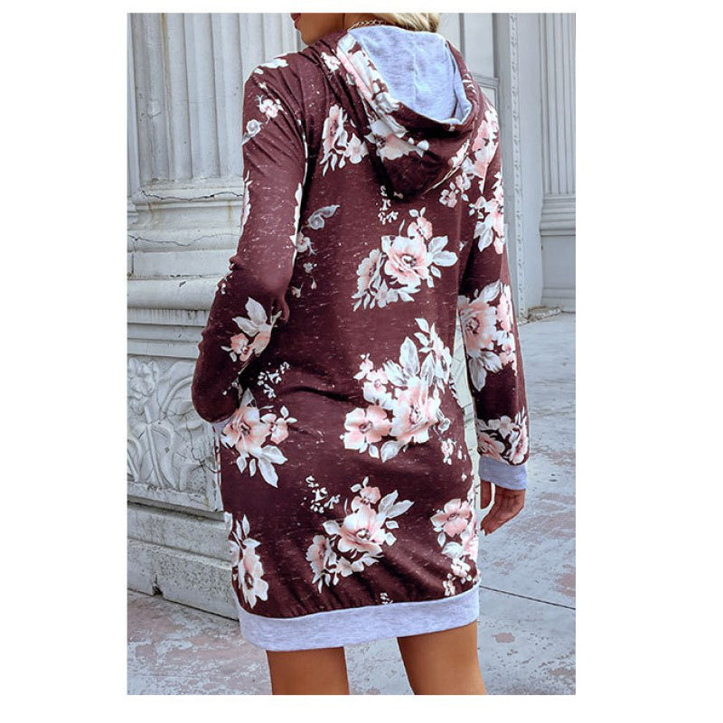 Rust Floral Printed Hooded Neck Long Sleeve T-shirt Dress
