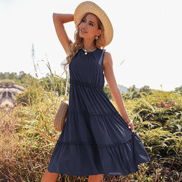 Women Round Neck A-Line Midi Dress