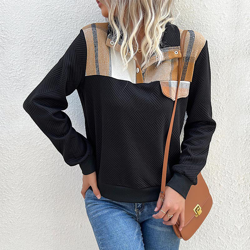 Black Checked Shirt Collar Long Sleeve Top
