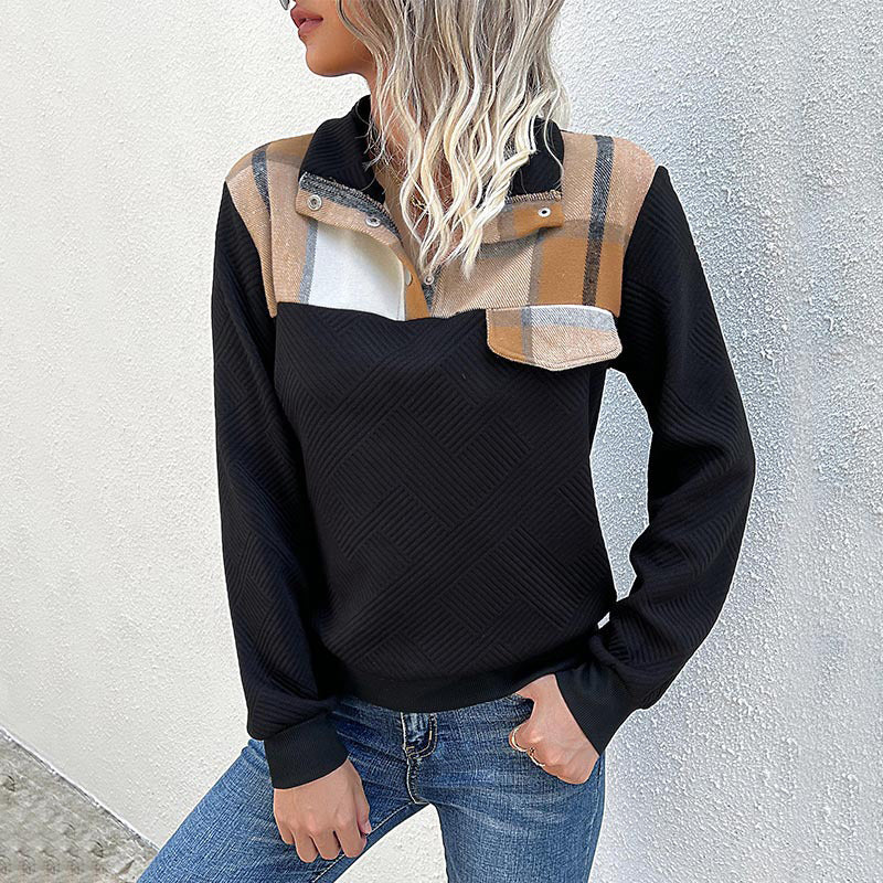 Black Checked Shirt Collar Long Sleeve Top