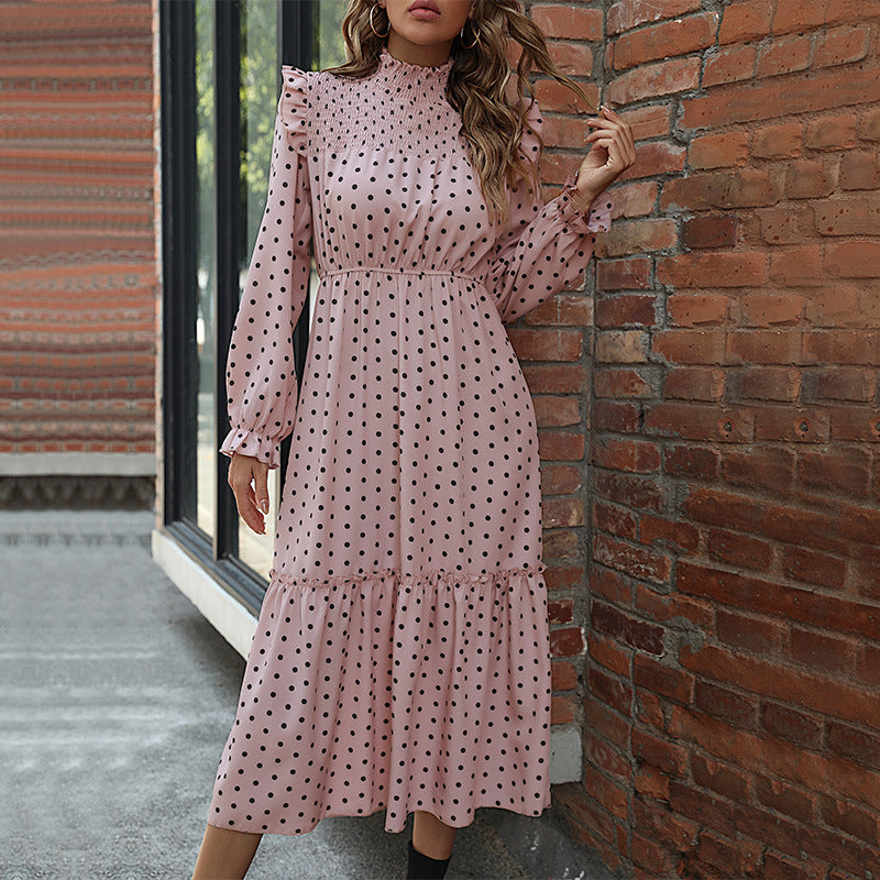 Pink Polka Dot High Neck Puff Sleeves Midi Dress