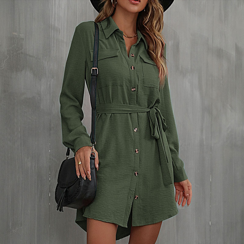 Green Cuffed Sleeves Shirt Style Mini Dress