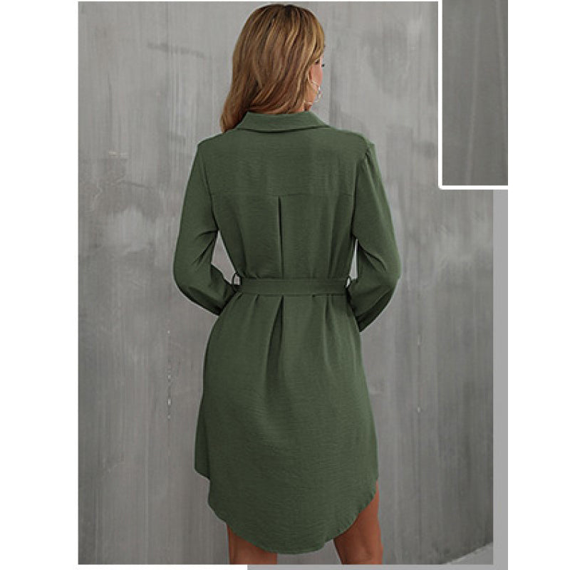 Green Cuffed Sleeves Shirt Style Mini Dress