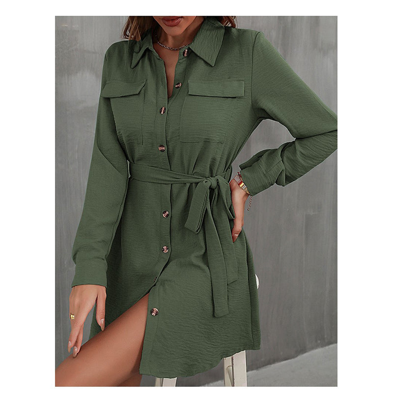 Green Cuffed Sleeves Shirt Style Mini Dress