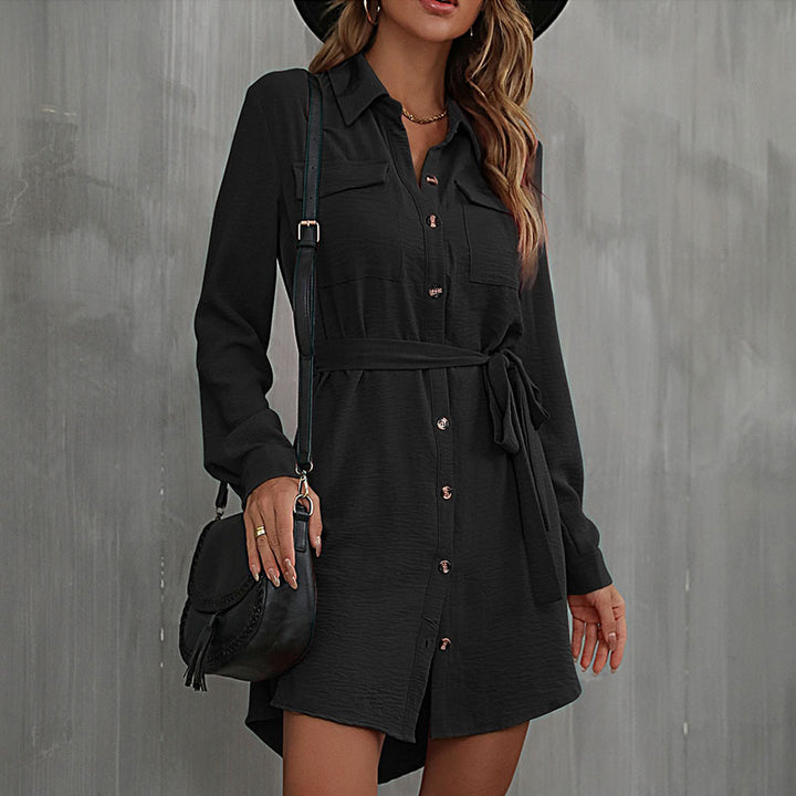 Black Cuffed Sleeves Shirt Dress