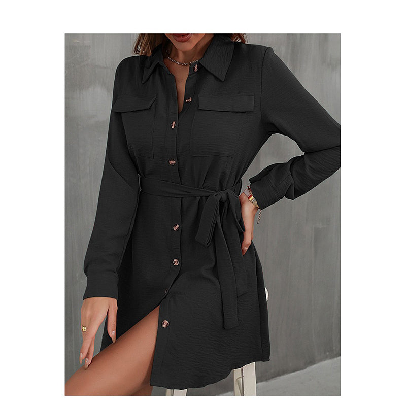 Black Cuffed Sleeves Shirt Dress