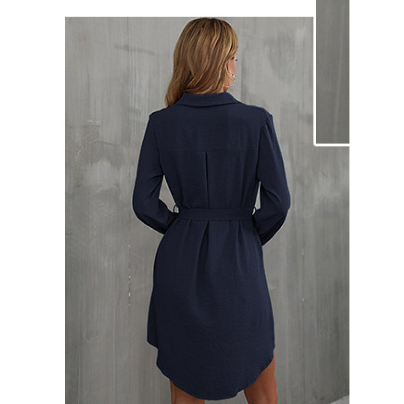 Navy Blue Cuffed Sleeves Shirt Mini Dress