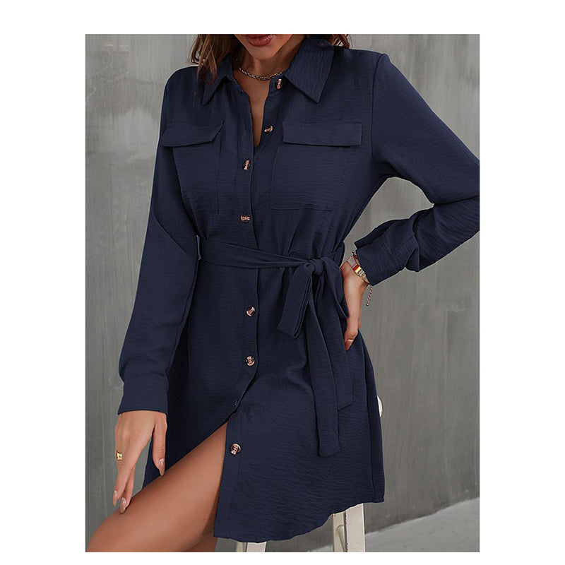 Navy Blue Cuffed Sleeves Shirt Mini Dress