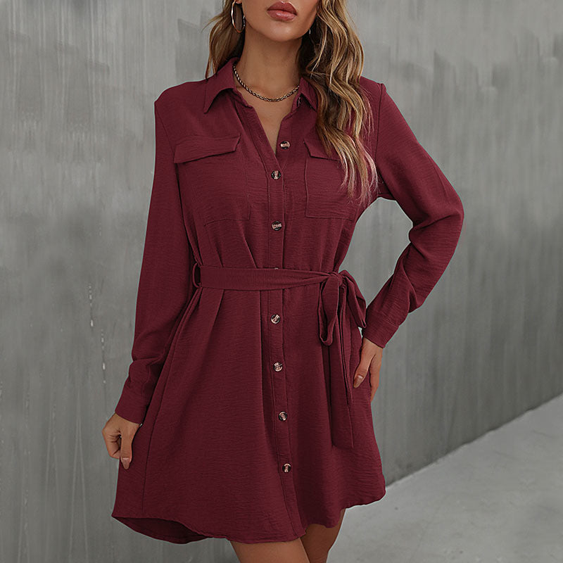 Maroon Waist Tie-Up Shirt Mini Dress
