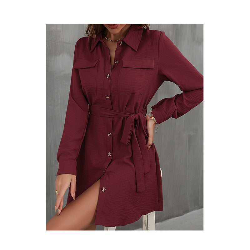 Maroon Waist Tie-Up Shirt Mini Dress