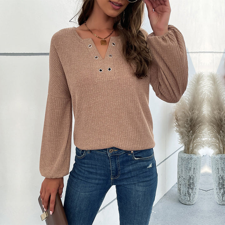 Khaki V-Neck Vertical Stripes Casual Top