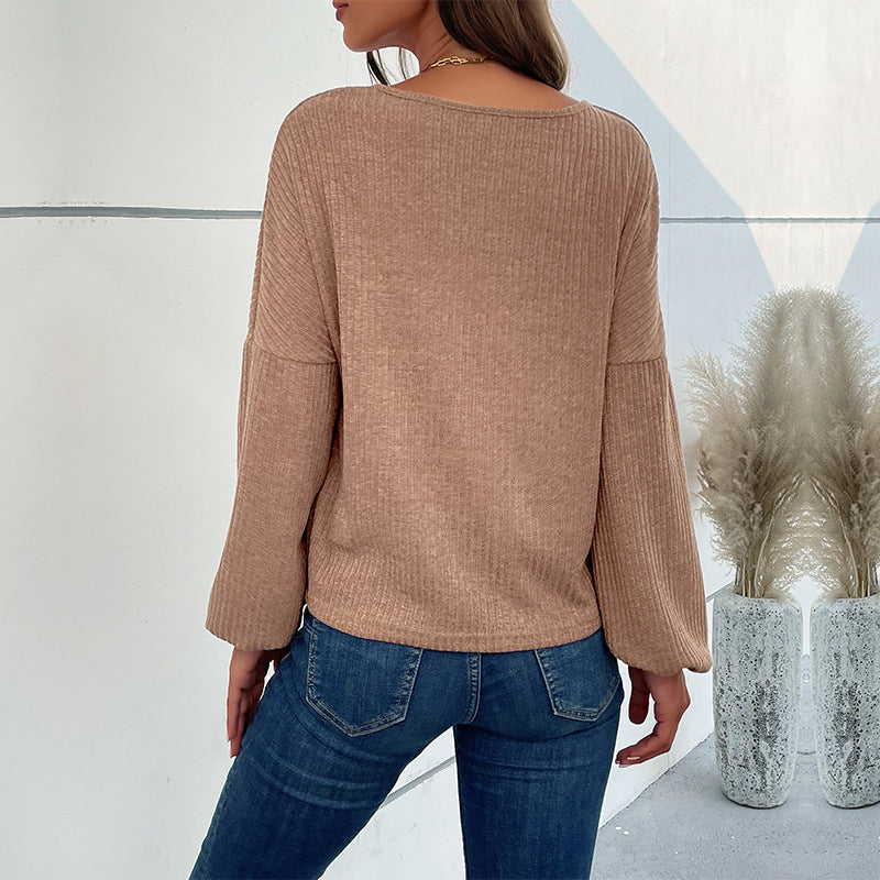 Khaki V-Neck Vertical Stripes Casual Top