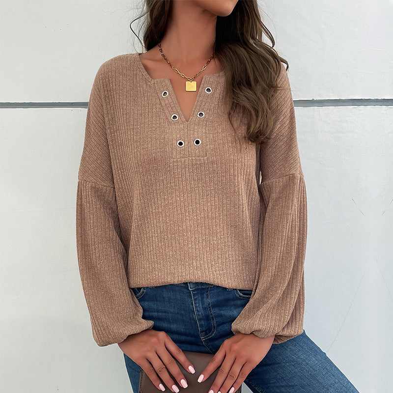 Khaki V-Neck Vertical Stripes Casual Top
