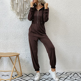 Brown Hooded Basic Jumpsuit