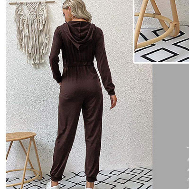Brown Hooded Basic Jumpsuit
