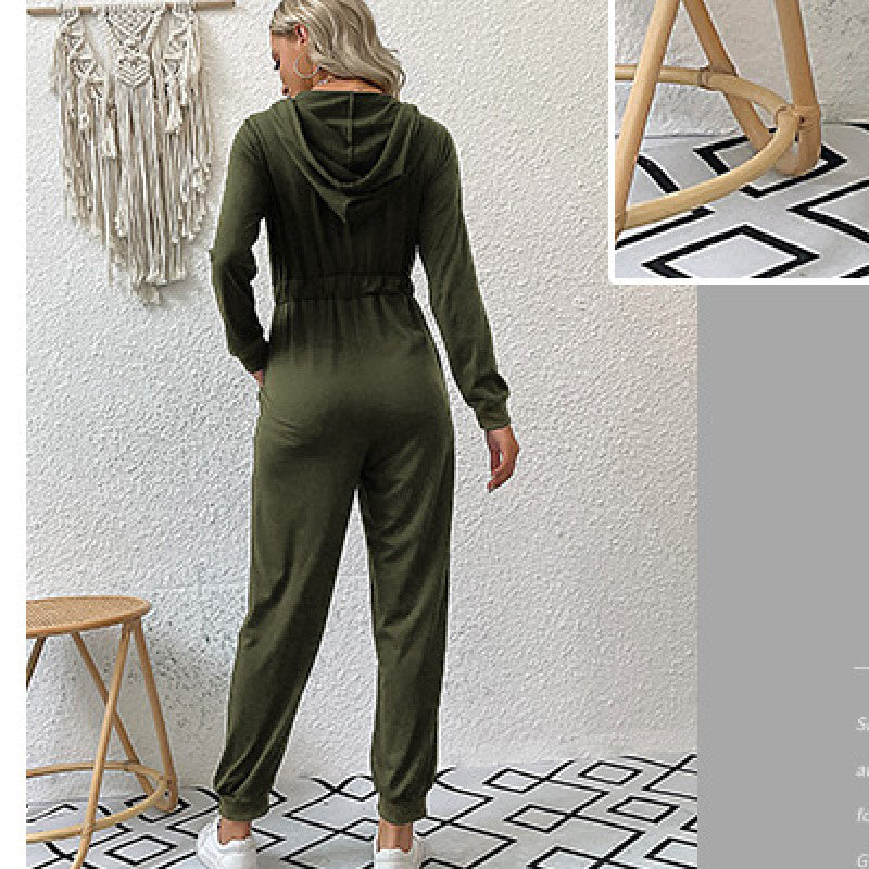 Green Hooded Basic Jumpsuit