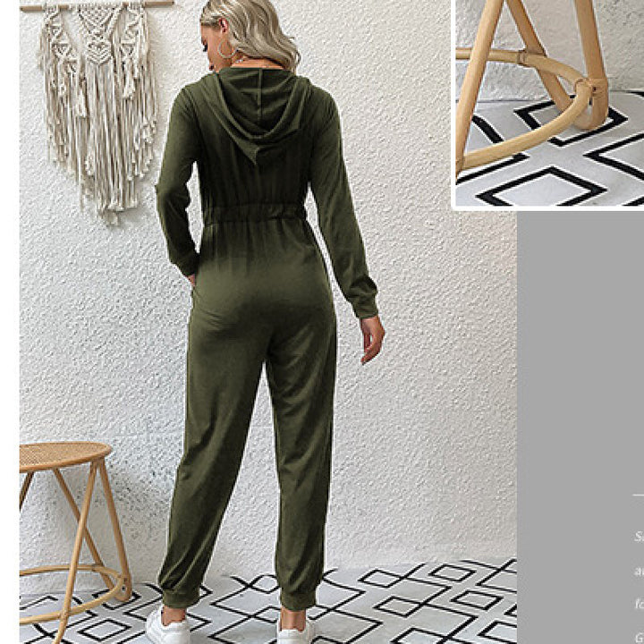 Green Hooded Basic Jumpsuit