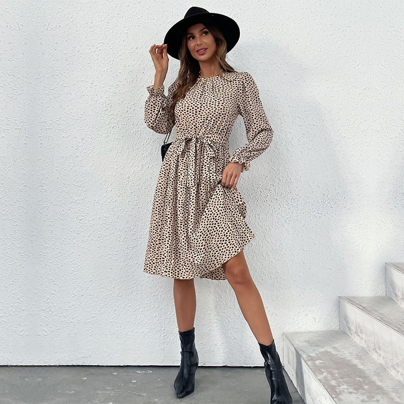 Beige Animal Skin Printed Puff Sleeve Belted Fit & Flare Dress