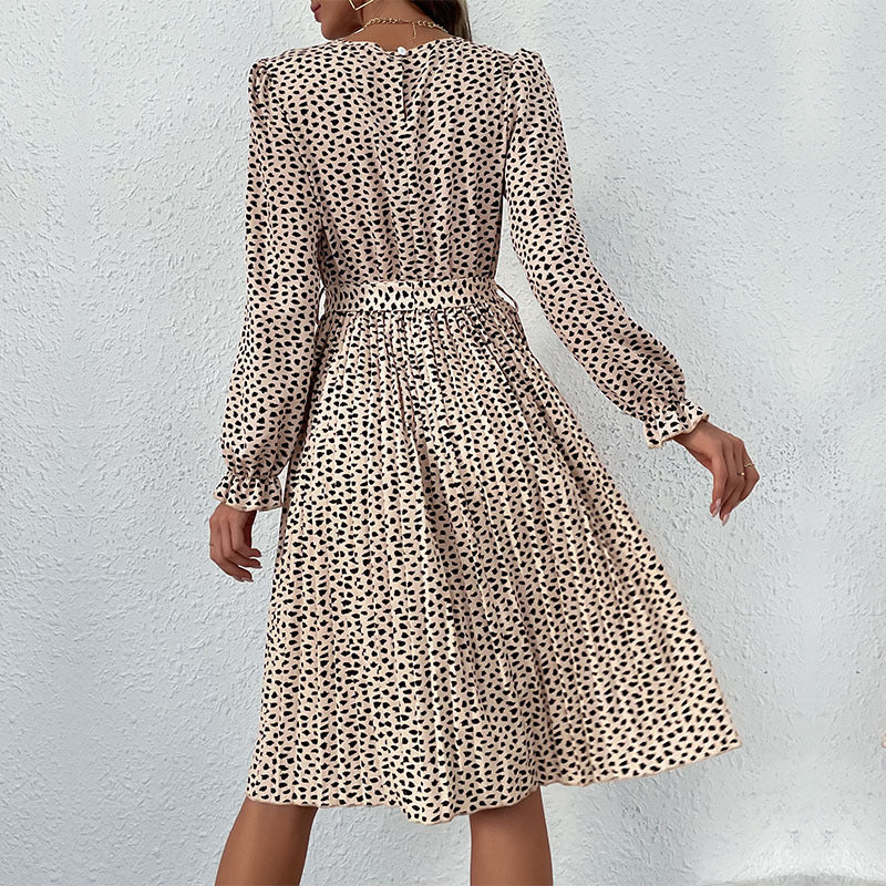Beige Animal Skin Printed Puff Sleeve Belted Fit & Flare Dress