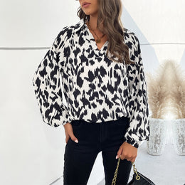 White Abstract Printed Bishop Sleeve Top