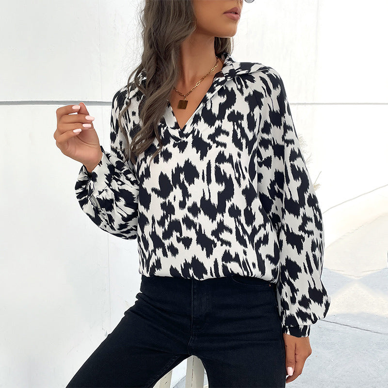 White Abstract Printed Bishop Sleeve Top
