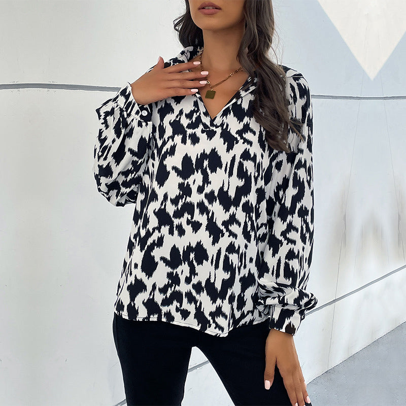 White Abstract Printed Bishop Sleeve Top