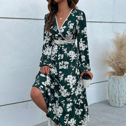 Green Floral Print V-Neck Puff Sleeves Maxi Dress