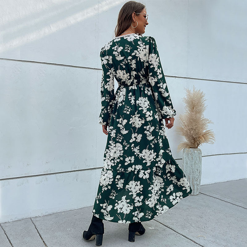 Green Floral Print V-Neck Puff Sleeves Maxi Dress