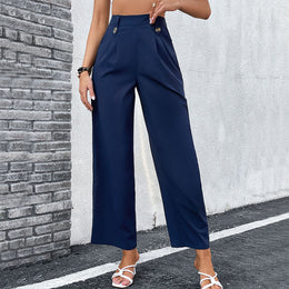 Women Navy Blue High-Rise Pleated Trousers