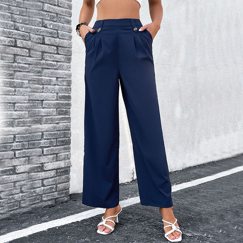 Women Navy Blue High-Rise Pleated Trousers