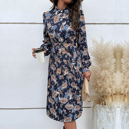 Navy Blue Paisley Printed Bishop Sleeve Shirt Style Midi Dress