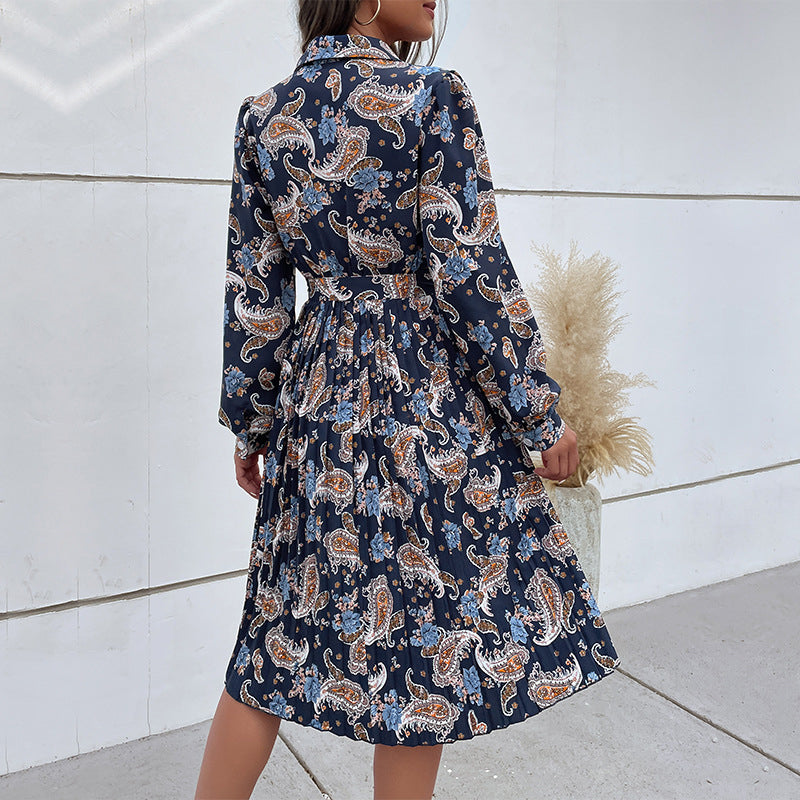 Navy Blue Paisley Printed Bishop Sleeve Shirt Style Midi Dress