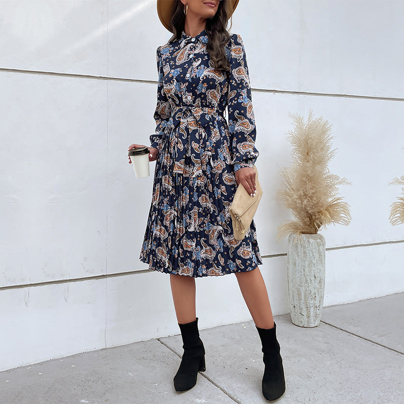 Navy Blue Paisley Printed Bishop Sleeve Shirt Style Midi Dress
