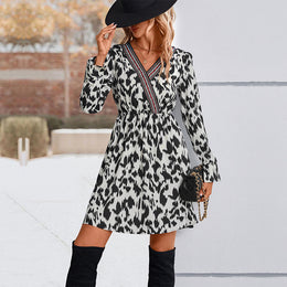 White & Black Abstract Printed V-Neck Cuffed Sleeves A-Line Dress