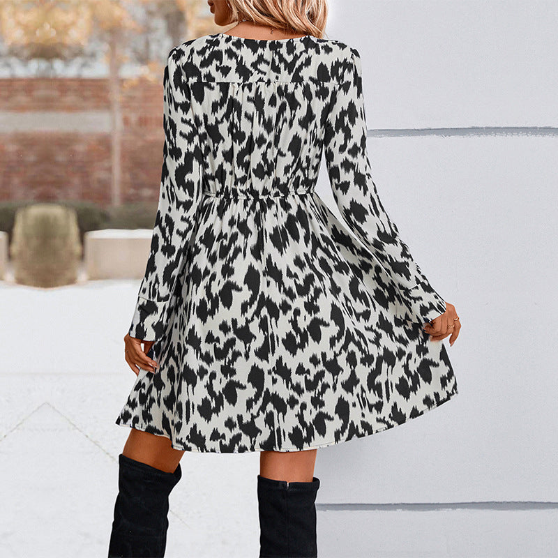 White & Black Abstract Printed V-Neck Cuffed Sleeves A-Line Dress