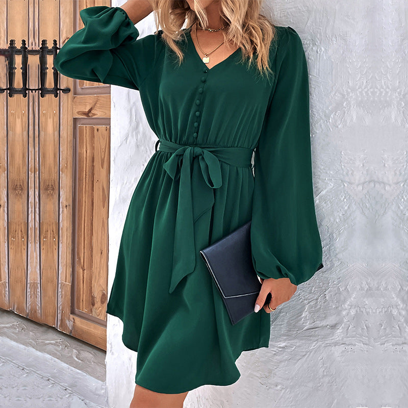 Green V-Neck Puff Sleeves A-Line Dress