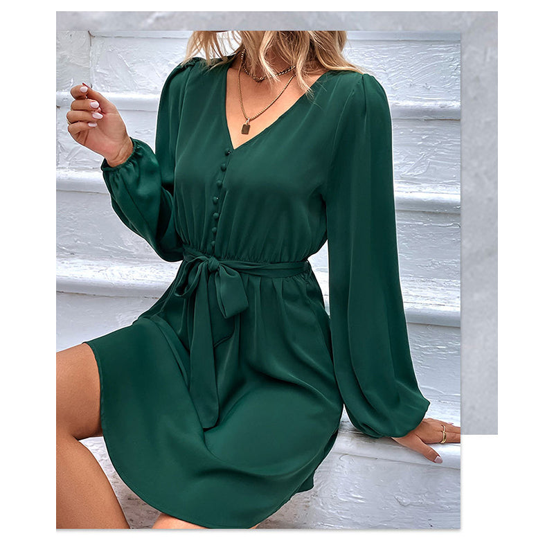 Green V-Neck Puff Sleeves A-Line Dress