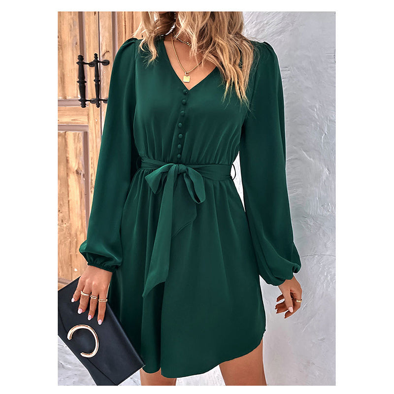 Green V-Neck Puff Sleeves A-Line Dress