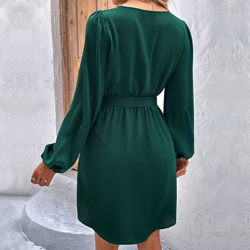 Green V-Neck Puff Sleeves A-Line Dress