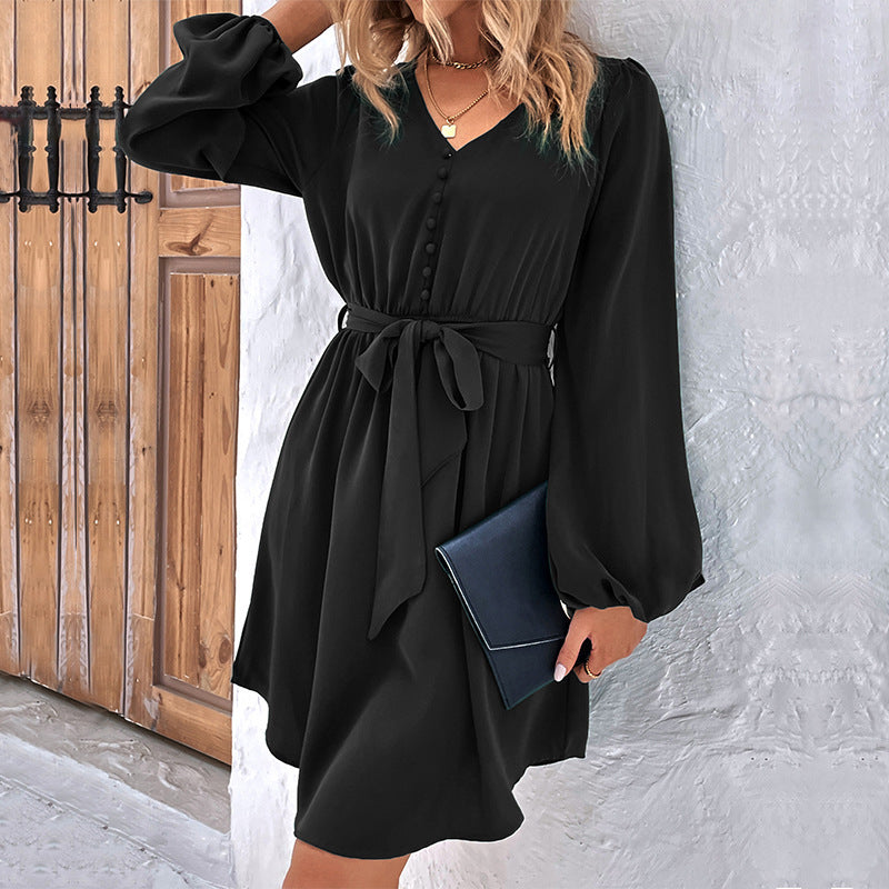 Black V Neck A-Line Dress