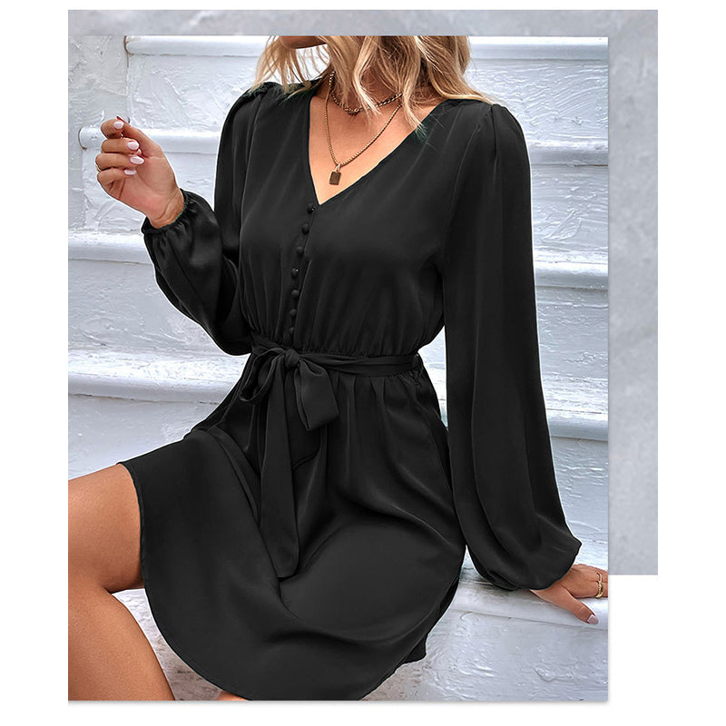 Black V Neck A-Line Dress