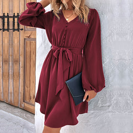 Maroon V-Neck Puff Sleeves Casual Fit & Flare Dress