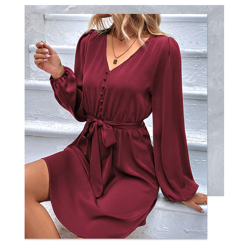 Maroon V-Neck Puff Sleeves Casual Fit & Flare Dress