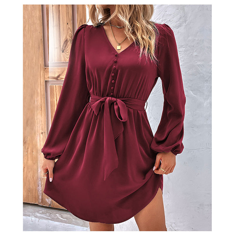Maroon V-Neck Puff Sleeves Casual Fit & Flare Dress