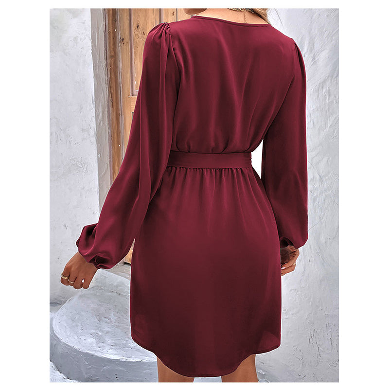 Maroon V-Neck Puff Sleeves Casual Fit & Flare Dress