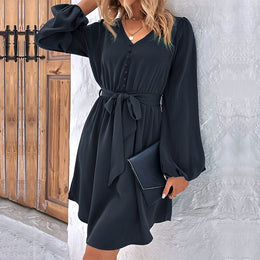 Navy Blue V-Neck Puff Sleeve Belted Fit & Flare Dress