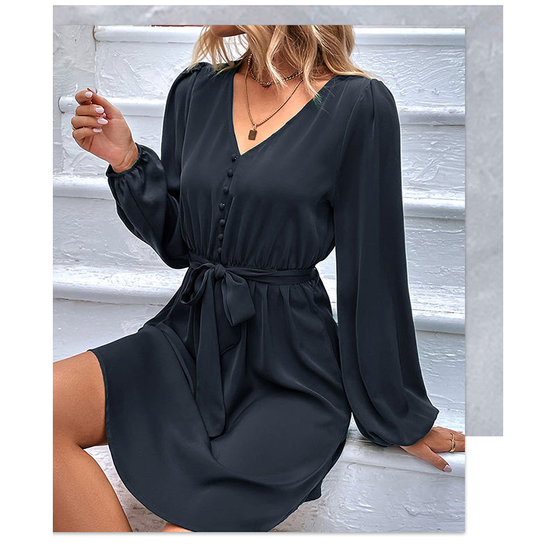 Navy Blue V-Neck Puff Sleeve Belted Fit & Flare Dress